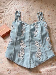 Sky Blue Corset Top with White Embroidery