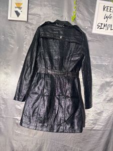 GUESS Shiny Black Double-Breasted Trench Coat