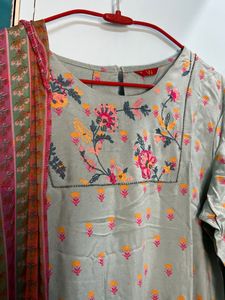 Olive Green Cotton Suit With Dupatta And Lower