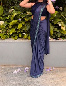 Ready to wear Navy Blue Saree with stitched blouse