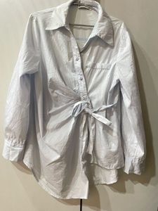 Chic Blue Tie-Front Button-Up Shirt
