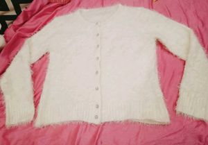 Cream Fuzzy Cardigan with Rhinestone Buttonons