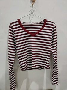 Maroon &amp; White Striped V-Neck Top..M size