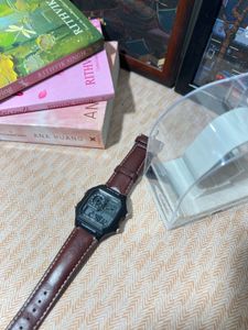 Stylish Digital Watch with Brown Leather Strap