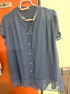 Elegant Blue Pearl Embellished Top