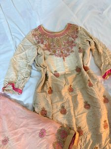 Beige Embroidered Kurta Set with Dupatta