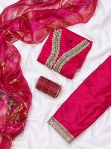 Vibrant Pink mirror work festive Kurta Set