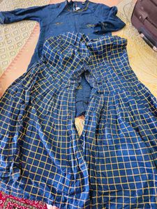 Blue Kurta Set with Golden Print