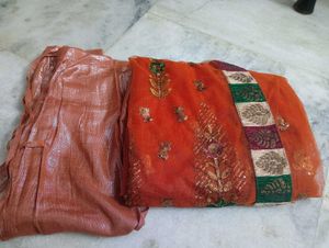 Orange Embroidered Net Saree no blouse