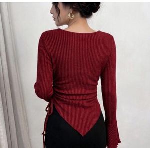 Maroon Ribbed Ruched Long Sleeve Top
