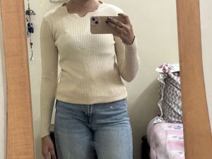 Cream Ribbed Scallop Neck Sweater