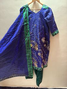 Royal Blue Pakistani Dress with Green Accents