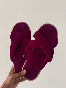 Fuchsia Velvet Cross Strap Slides