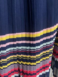 Navy Blue Pleated Dress with Colorful Trim