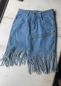 Light Blue Denim Fringe Mini Skirt