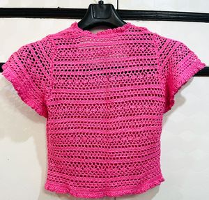 Crocheted Pink Cropped Cardigan Top