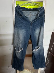 Distressed Blue Wash Wide Leg Jeans