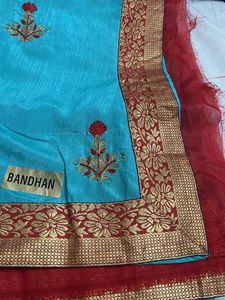 Beautiful Blue Saree with Red Border