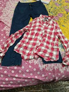 Flared Jeans and Plaid Shirt Set