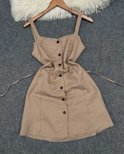 beige sleeveless A-line mini dress