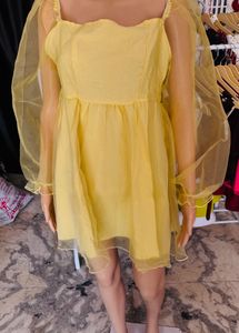 Cute Yellow Puff Sleeve Mini Dress