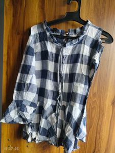 Blue & White Checkered Cold Shoulder Top