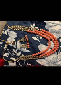 Stunning Peach Bead and Crystal Necklace Set