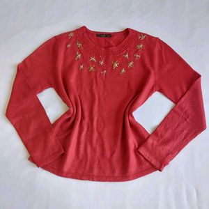 Red Embroidered,Embellished Long Sleeve Top