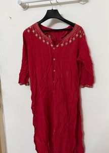 Crimson Red Straight Kurti with Delicate Golden Ne