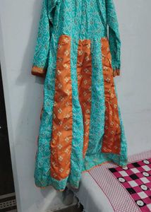 anarkali Style Teal &amp; Orange Maxi Gown lehariya