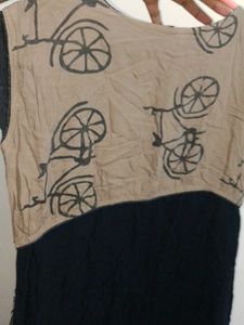 Brown Kurta with Black Lace &amp; Bicycle Print