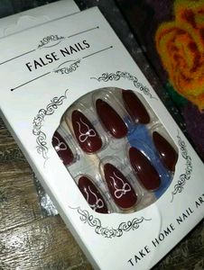 Burgundy False Nails with Bow Design
