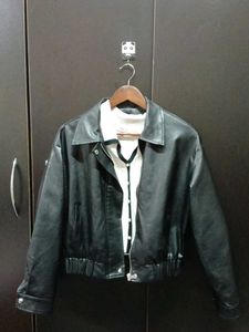 Black Faux Leather Bomber Jacket with free white t