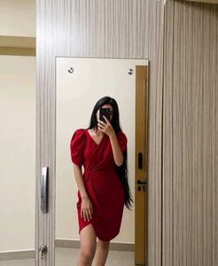 Chic Red Puff Sleeve Wrap Dress