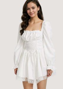Savana White Puff Sleeve Lace Trim Dress