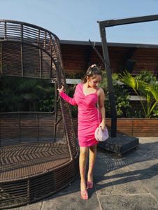 Hot Pink One-Sleeve Ruched Bodycon Dress