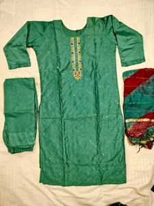 Maslin material Green Kurta Set with Dupatta