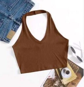 Brown Ribbed Halter Neck Crop Top
