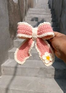 Crochet Pink Bow Hair Clip