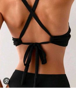 Black Ribbed V-Neck Bra with Bow Back
