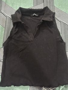 Sleek Black Collared Sleeveless Top
