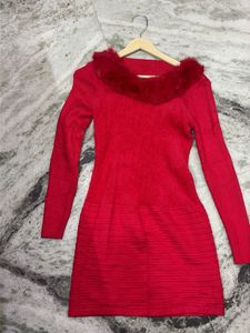 Chic Red Faux Fur Trimmed Sweater Dress