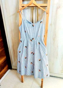 Chic Blue Striped Floral Summer Dress Size-28