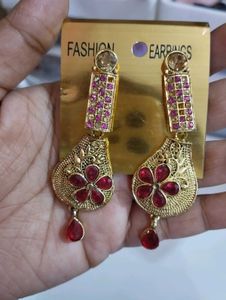 Elegant Gold Tone Red Stone Earrings