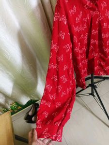 Red Butterfly Print Button-Up Blouse