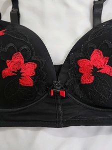 Floral Embroidered Black Bra