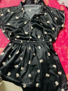 Black Floral Satin shorts with Top
