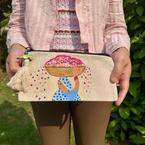 Hand-Painted Floral Pouch with parrot Tassel