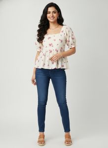 Cream Floral Puff Sleeve Top