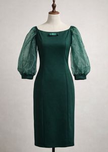 Dark Green Midi Dress with Sheer Sleeves – Elegant